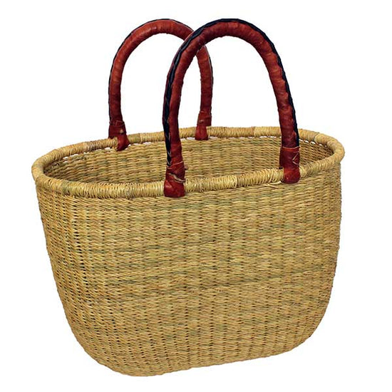 Large Oval Grass Basket with Leather Handles