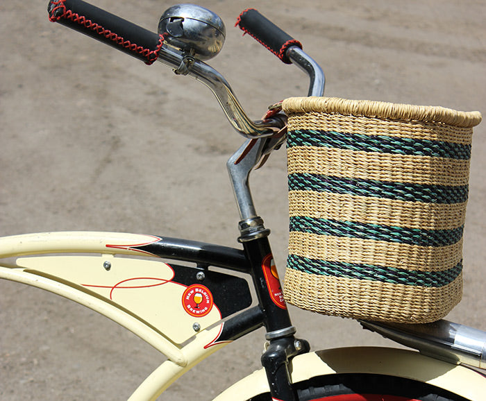 womens basket bicycle Hand Crafted Accents | Nwt African Bolga Bicycle Basket W/ Leather Straps | Color: Blue/Tan | Size: Please See Measurements In The Photos